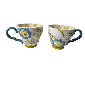Set of 2 - DUTCH WAX Vintage Handpainted Ceramic Floral Mug Set